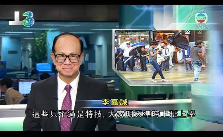 A parody of Li Ka-shing reporting the news, asking employees and students to reutnr to school. Photo: Li's field via Facebook.