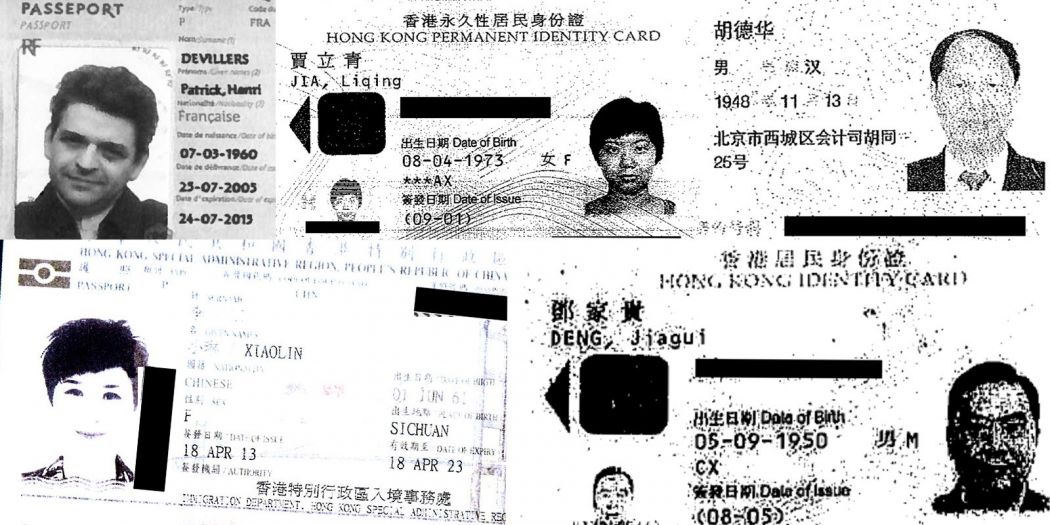 Identity documents from the Panama Papers. Clockwise from top left: Patrick Henri Devillers, Jia Liqing, Hu Dehua, Deng Jiagui and Li Xiaolin. Photo: ICIJ.