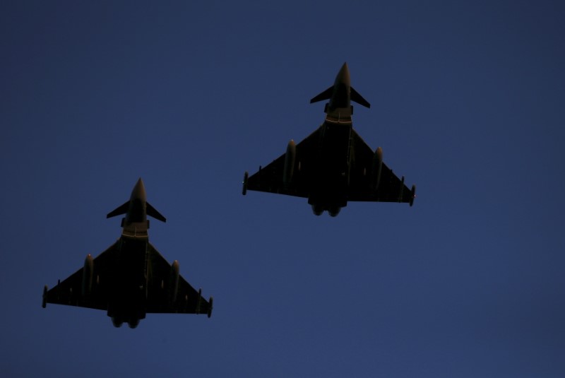 RAF Typhoons fly above RAF Lossiemouth in Scotland