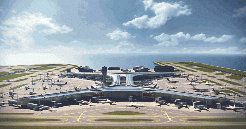 A concept drawing of expanded Terminal 2 and the third runway.