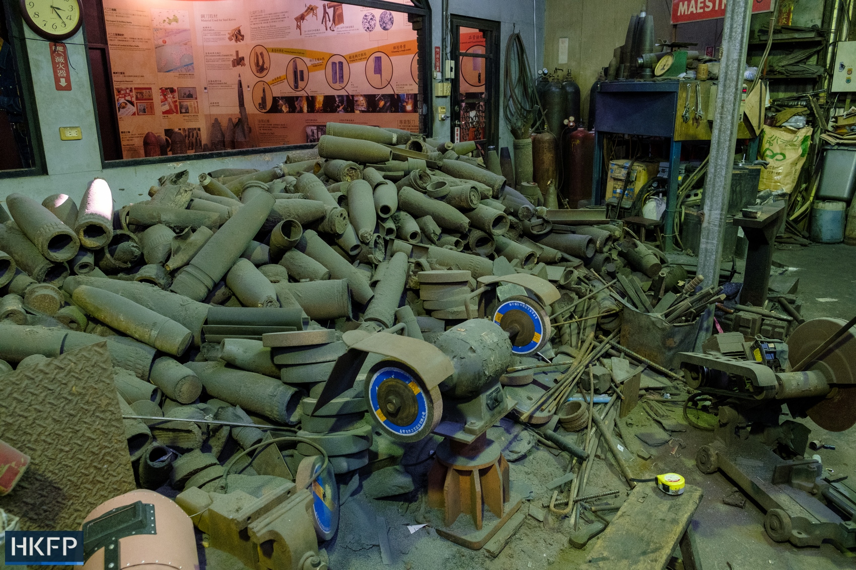 A stock of old chinese artillery shell at Maestro Wu's knives factory in Kinmen, Taiwan. November 20, 2021. Photo: Walid Berrazeg/HKFP.