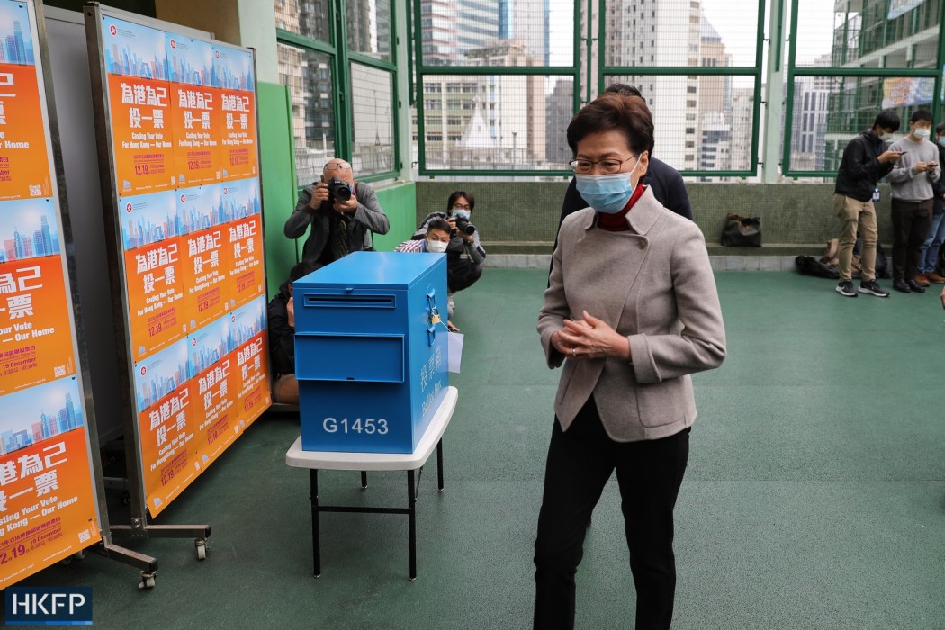 2021 legco election: Chief Executive Carrie Lam casted her ballot at the Raimondi College poling station.