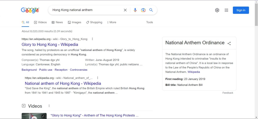 Hong Kong national anthem search result