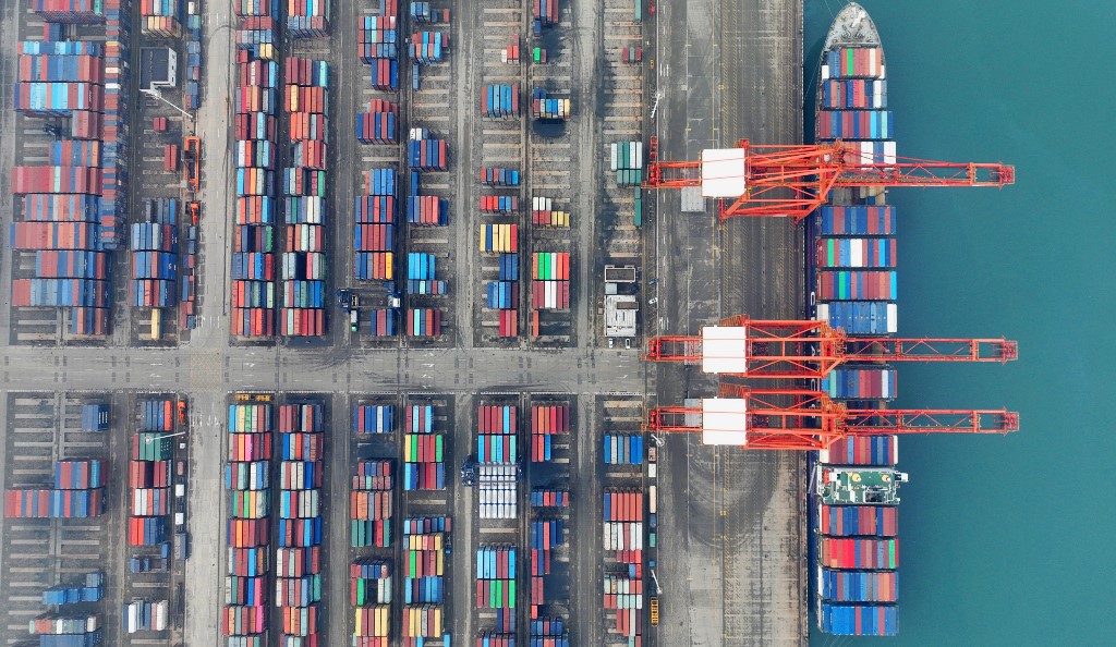 An aerial view of cranes and shipping containers at Lianyungang port in China's eastern Jiangsu province, on January 13, 2023