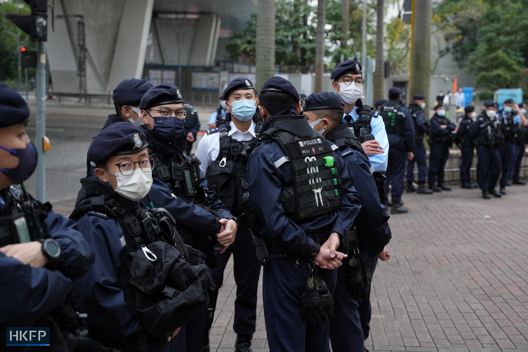 Police deployment outside the West Kowloon Law Courts Building on February 9, 2023.