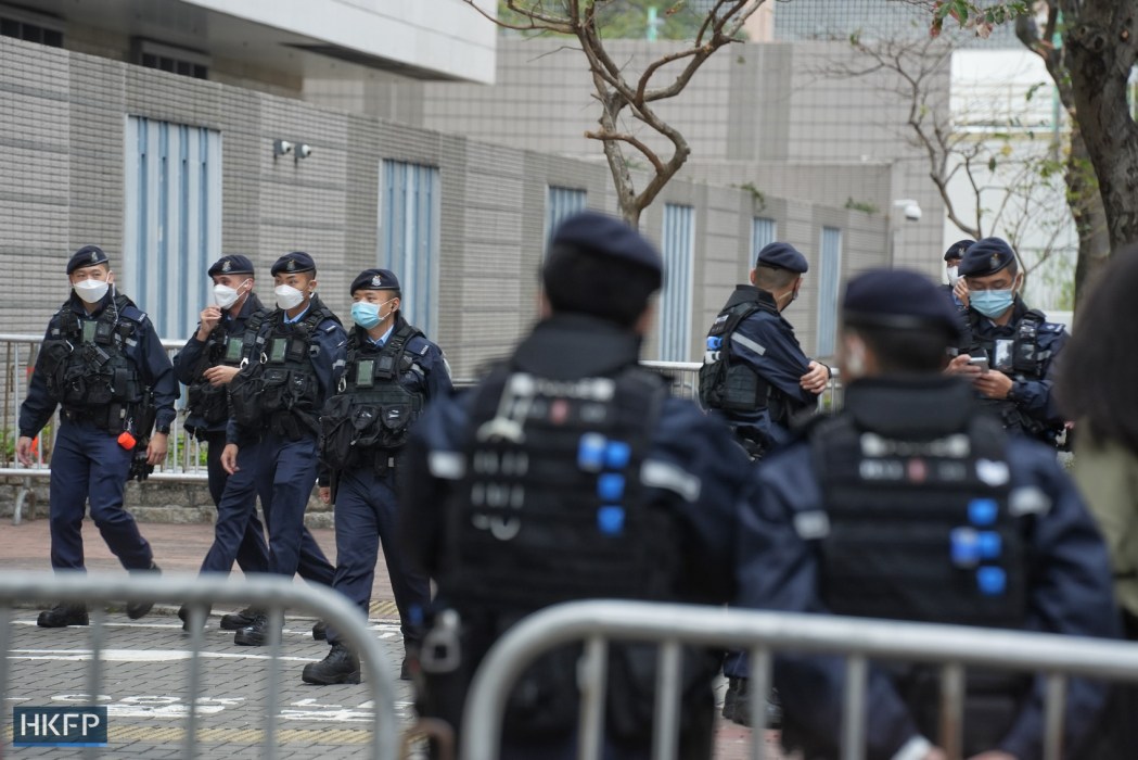 Police deployment outside the West Kowloon Law Courts Building on February 9, 2023.