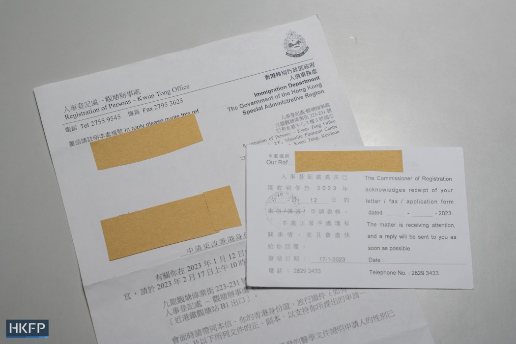 A letter from the Hong Kong Immigration Department informing Ryousuke that it has received his application to change the sex entry on his ID card.