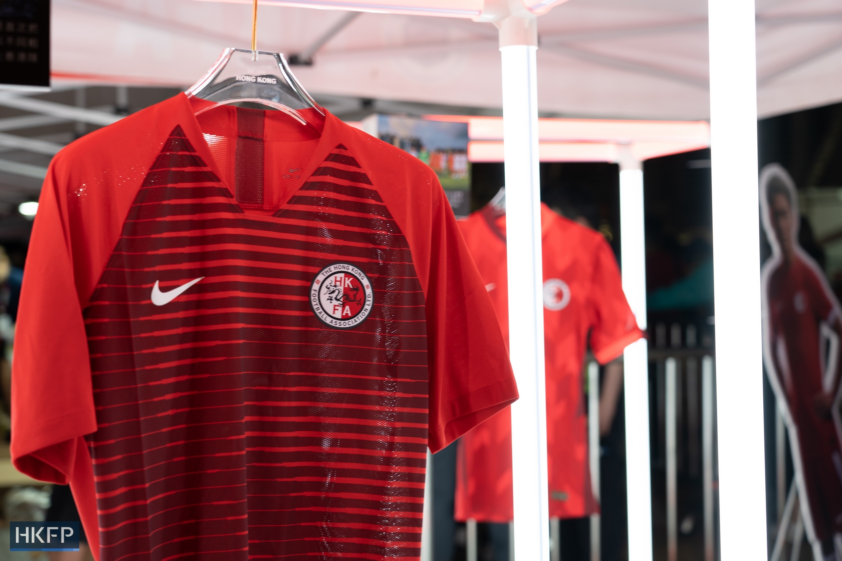 Previous versions of the Hong Kong football team jerseys on display at the Mong Kok Stadium on March 23, 2023. 