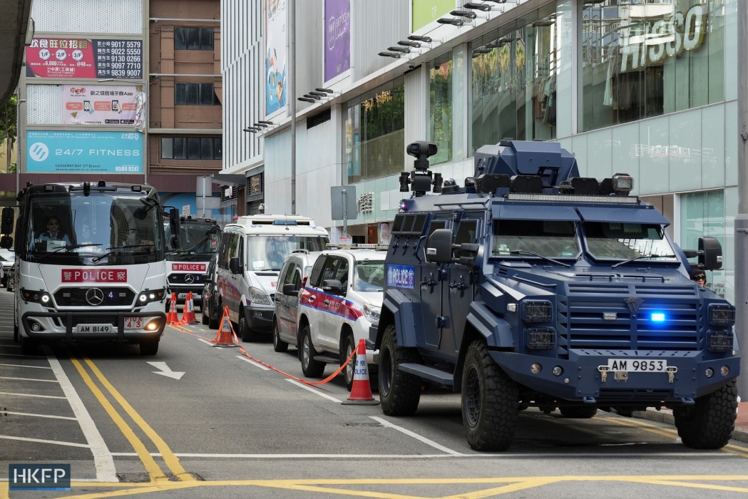Police in Causeway Bay, Hong Kong, on June 4, 2023, the anniversary of the Tiananmen crackdown. Photo: Kyle Lam/HKFP.