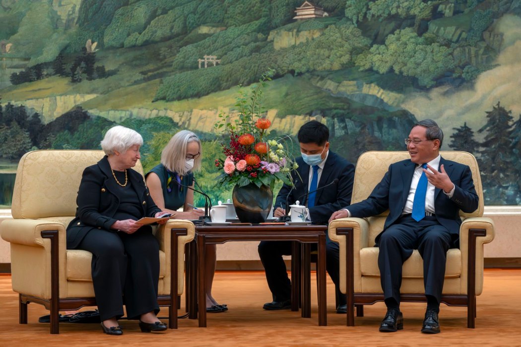 Chinese Premier Li Qiang (right) speaks with US Treasury Secretary Janet Yellen during a meeting at the Great Hall of the People in Beijing on July 7, 2023. Photo: Mark Schiefelbein/Pool/AFP.