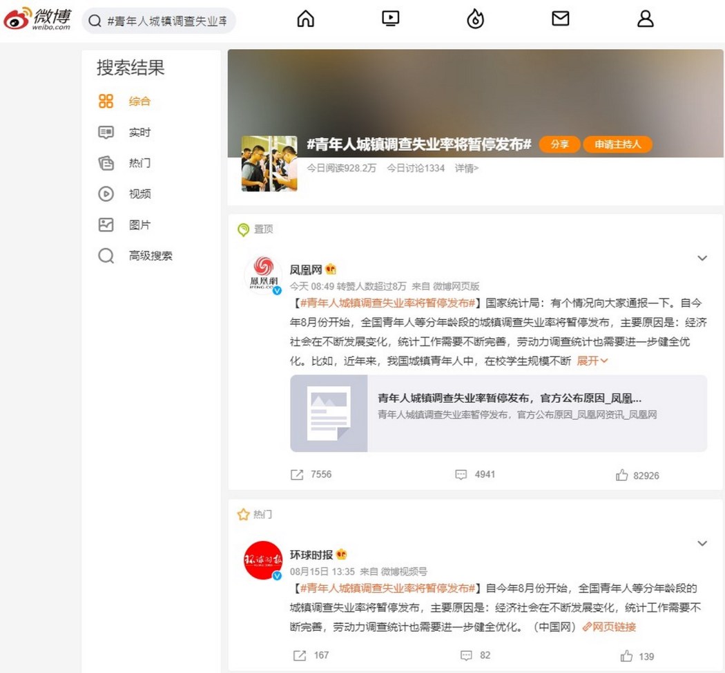A screenshot of Chinese social media platform Weibo showing posts relating to Beijing's announcement it would stop releasing youth unemployment figures. Photo: Screenshot/Weibo.
