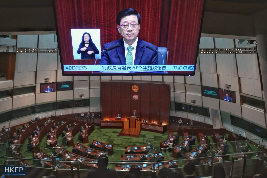 Chief Executive John Lee delivers the 2023 Policy Address on October 25, 2023. Photo: Kyle Lam/HKFP.