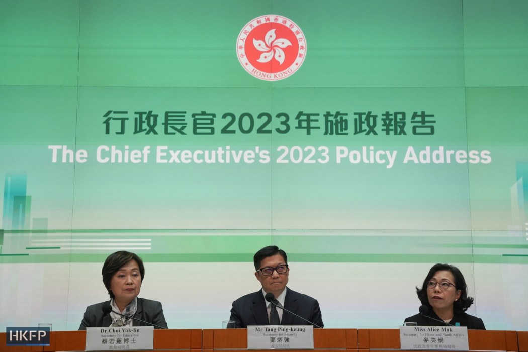 (Left to right) Secretary for Education Christine Choi, Secretary for Security Chris Tang and Secretary for Home and Youth Affairs Alice Mak meet the press after Chief Executive John Lee announced his second Policy Address on October 27, 2023. Photo: Kyle Lam/HKFP.