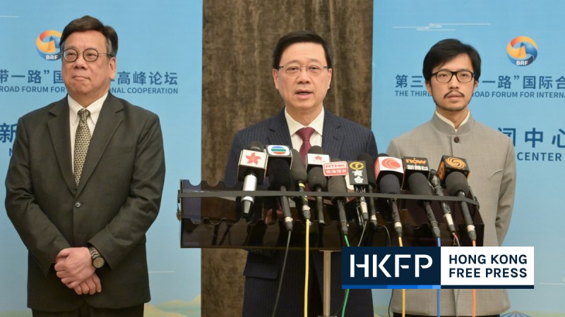 Chief Executive John Lee meets the press in Beijing, after he led a 70-strong delegate to attend a belt and road forum, on October, 19, 2023. Photo: GovHK.