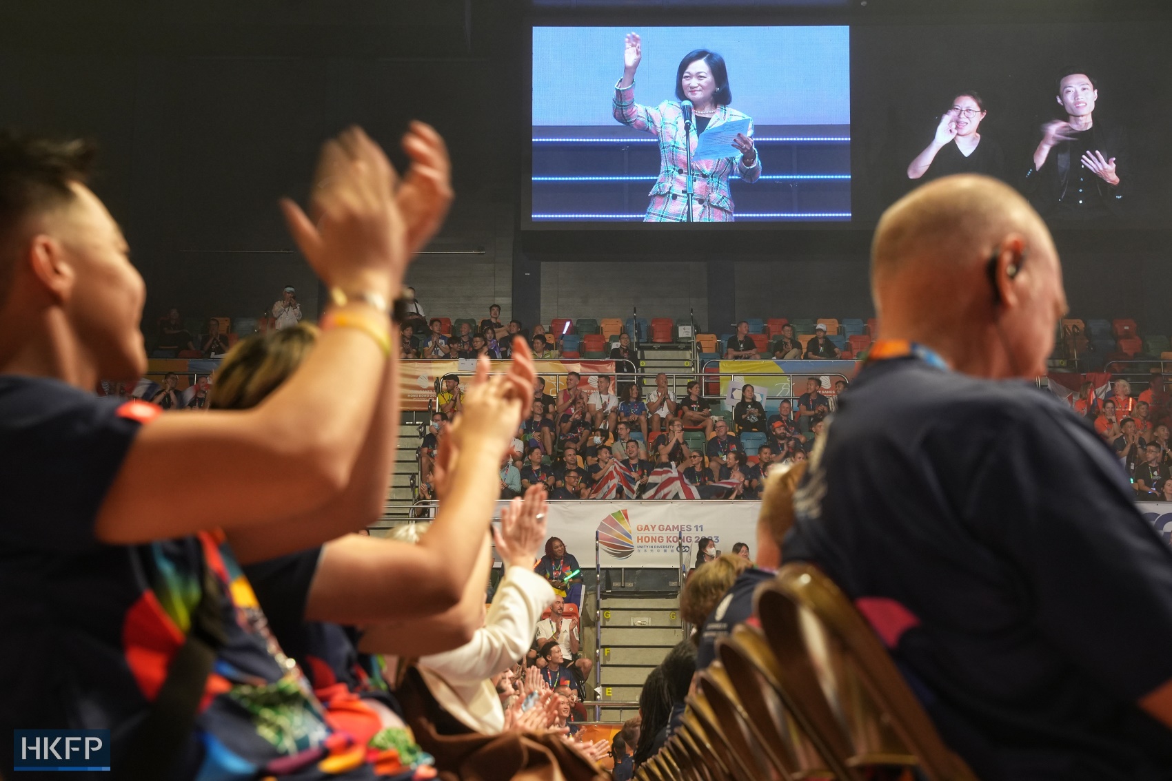 Lawmaker and Executive Council convener Regina Ip delivers a speech at Hong Kong's Gay Games, which officially opens on November 4, 2023. Photo: Kyle Lam/HKFP.