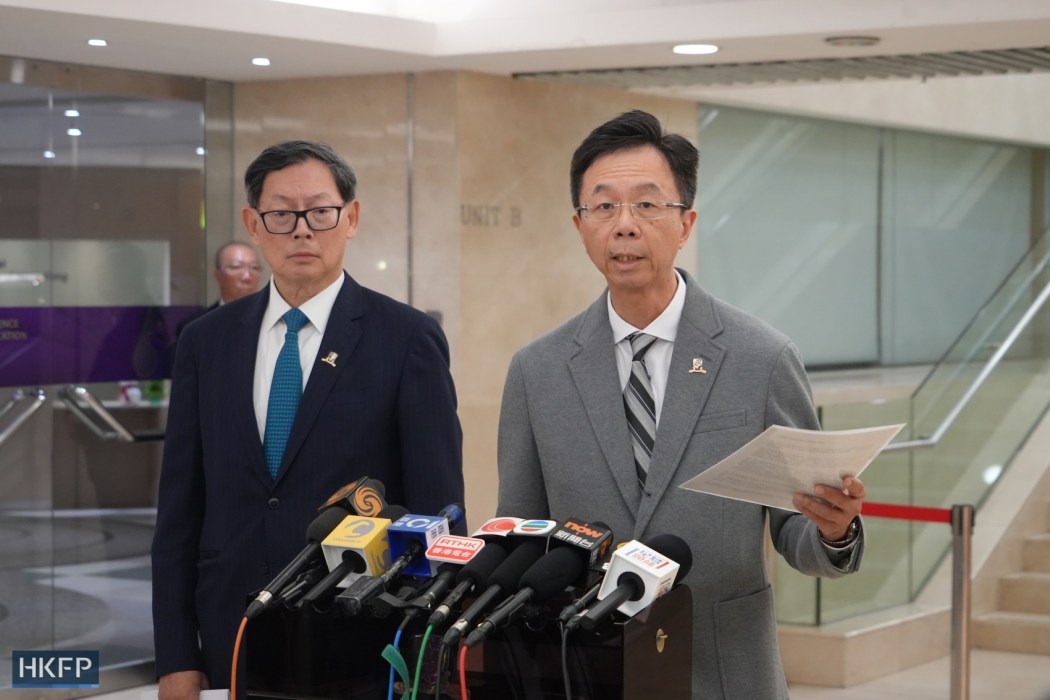 CUHK Council chairperson John Chai and vice-chairperson Norman Chan meet the press after a council meeting on December 13, 2023. Photo: Hans Tse/HKFP.