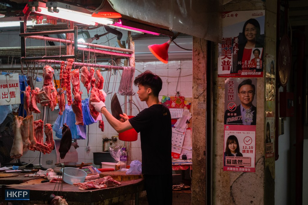 Posters of 2023 Hong Kong District Council election candidates displayed in a wet market in Choi Hung, on November 7, 2023. Photo: Kyle Lam/HKFP.