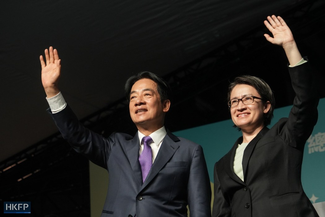 Taiwan Taiwan's president-elect, the Democratic Progressive Party's William Lai Ching-te, and vice-president-elect Hsiao Bi-khim wave to members of the press in Taipei, Taiwan, on January 13, 2024. Photo: Kelly Ho/HKFP.