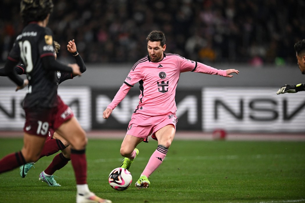 Inter Miami's Argentine forward Lionel Messi (centre) kicks the ball during the second half of the friendly football match between Inter Miami of the US's Major League Soccer league and Vissel Kobe of Japan's J-League at the National Stadium in Tokyo on February 7, 2024. Photo: Philip Fong/AFP.