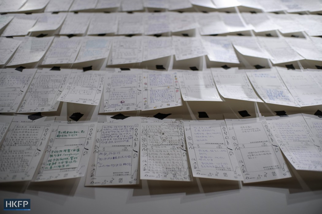Handwritten cards displayed in a small exhibition curated by Hong Kong art therapist Gigi Leung in January 2024. Photo: Kelly Ho/HKFP.