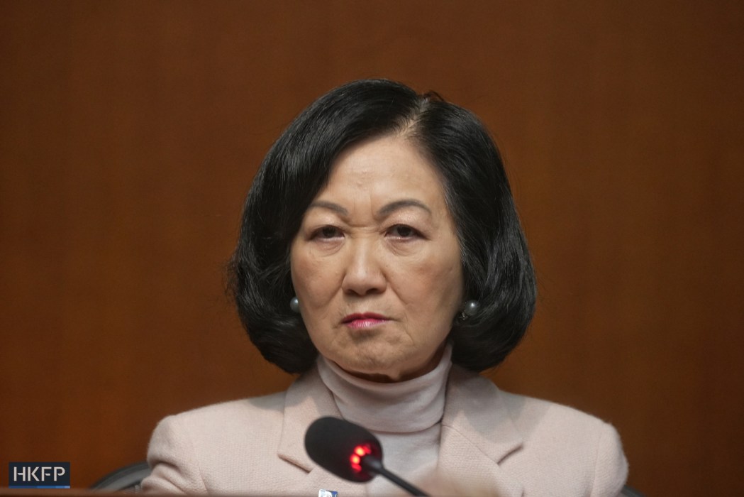 Lawmaker Regina Ip reacts to the budget for 2024 on February 28, 2024. Photo: Kyle Lam/HKFP.