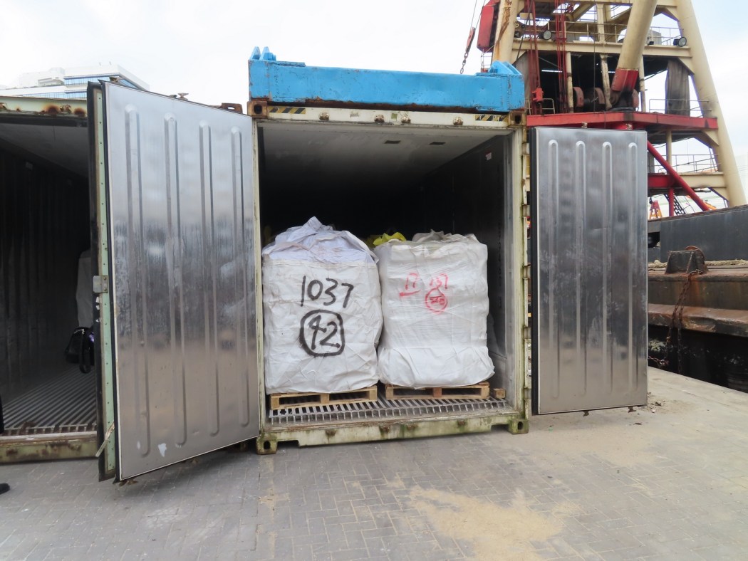Suspected smuggled frozen beef and offal seized by the Hong Kong Police Force and the Food and Environmental Hygiene Department in the Public Cargo Working Area of Chai Wan, Hong Kong, on October 20 and 30, 2021. Photo: GovHK.  