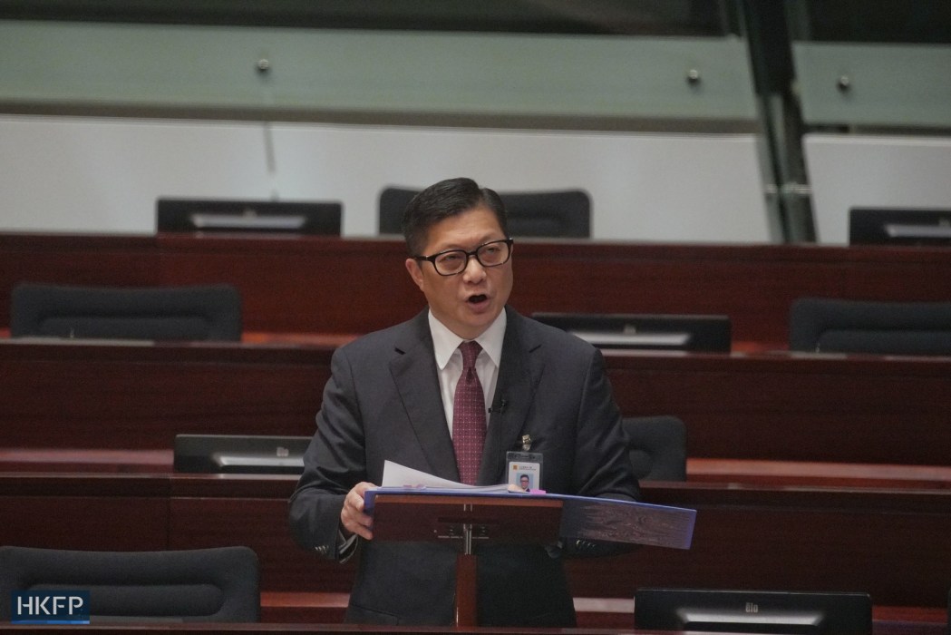 Secretary for Security Chris Tang speaks at a special, off-schedule meeting for the first and second reading of the Article 23 of the Basic Law on March 8, 2024.