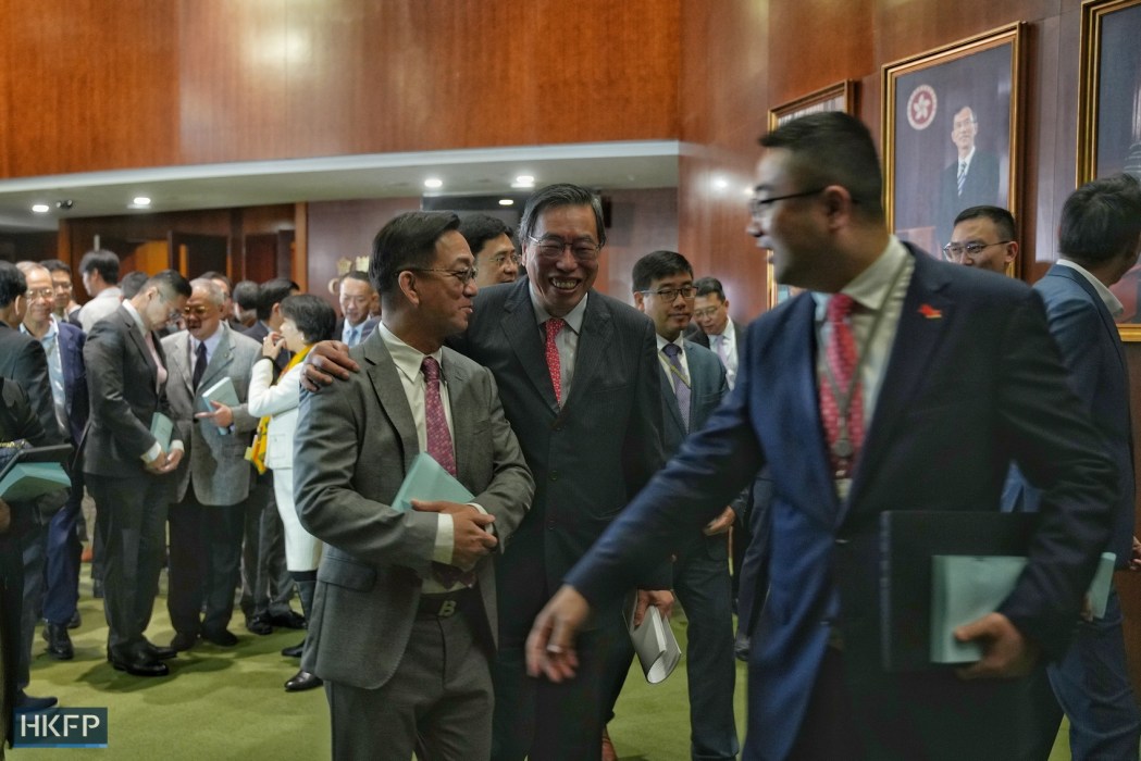 Legislative Council President Andrew Leung (centre) and lawmakers meet the press on March 8, 2024, after a special, off-schedule meeting for the first and second reading of the Article 23 of the Basic Law.