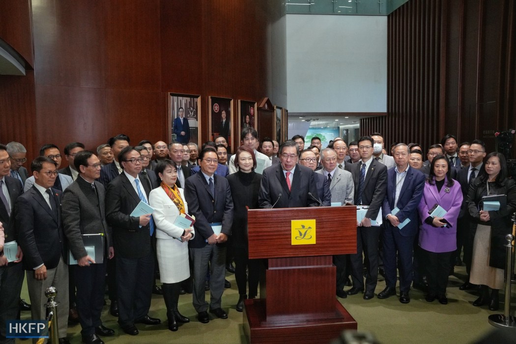 Legislative Council President Andrew Leung (centre) and lawmakers meet the press on March 8, 2024, after a special, off-schedule meeting for the first and second reading of the Article 23 of the Basic Law.