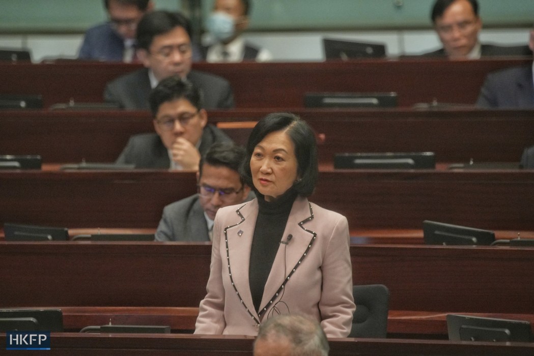Lawmaker Regina Ip attends a meeting on March 19, 2024 as the Legislative Council resumes the debate on a proposed domestic security law required under Article 23 of the Basic Law.