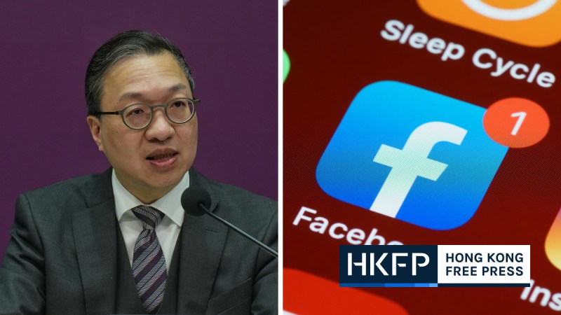 Left: Hong Kong's Secretary for Justice Paul Lam, right: the logo of Facebook on a mobile phone. File photo: Kyle Lam/HKFP & Brett Jordan, via Unsplash.