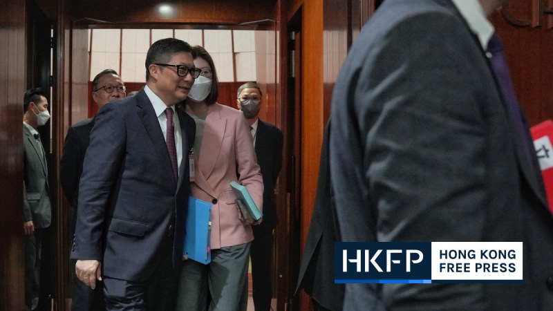 Secretary for Security Chris Tang leaves the Legislative Council chamber after a special, off-schedule meeting for the first and second reading of the Article 23 of the Basic Law on March 8, 2024.