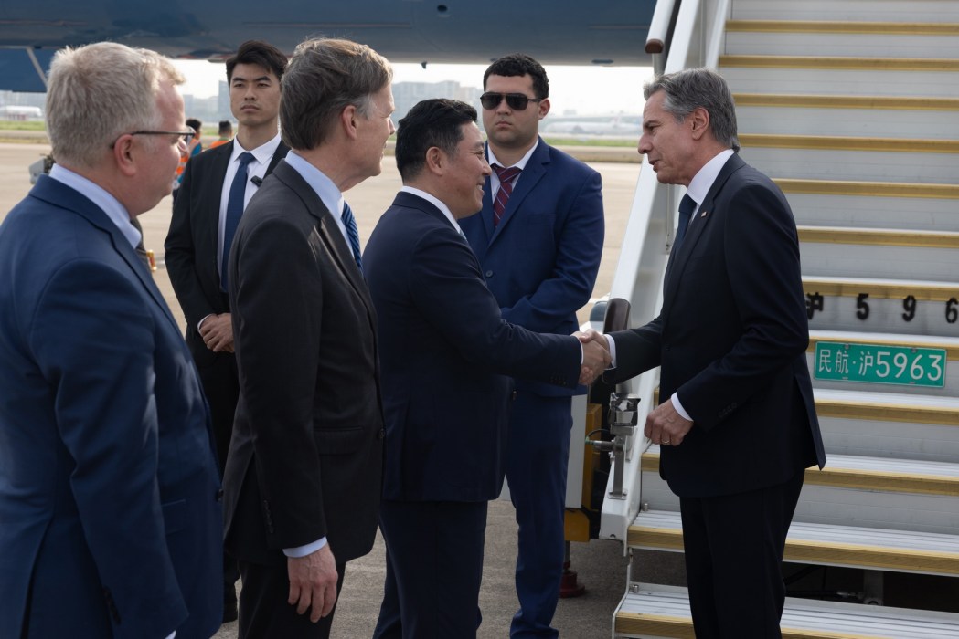 Secretary Antony J. Blinken is greeted by, from left, Kong Fuan, Director General of the Shanghai Foreign Affairs Office, Ambassador Nicholas Burns and Consul General Scott Walker as he arrives at Shanghai Hongqiao Airport in Shanghai, China, on April 24, 2024.