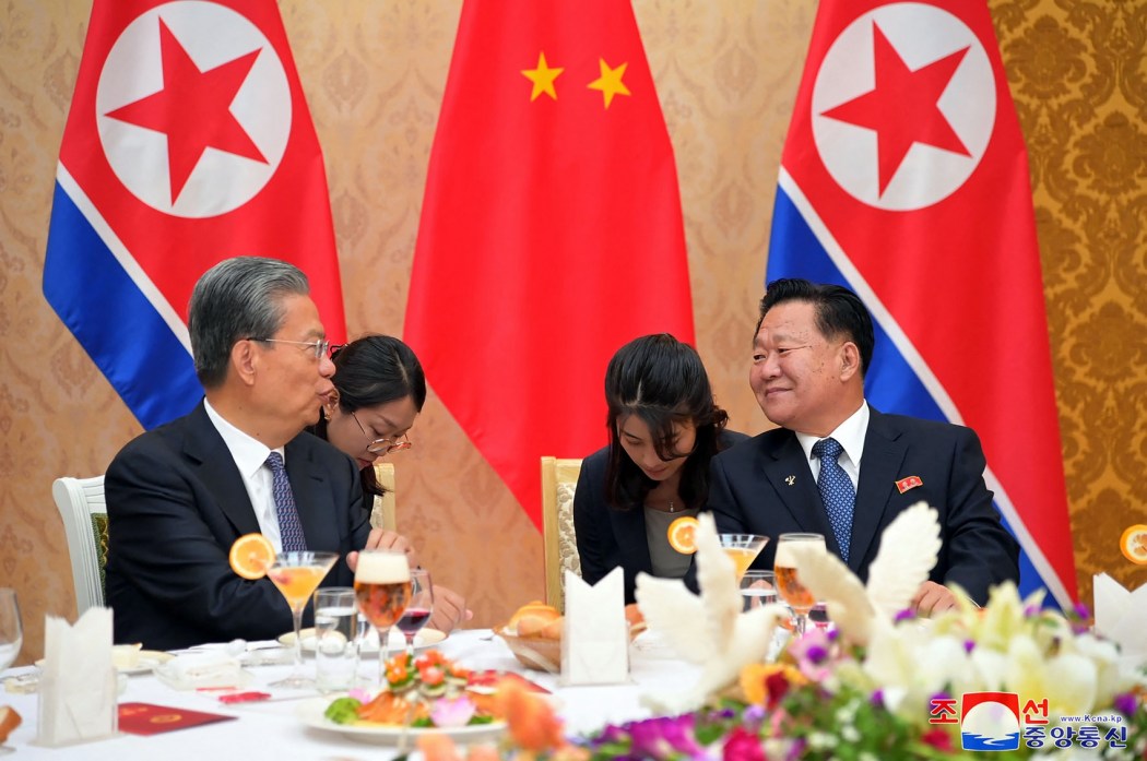 China's top lawmaker Zhao Leji (left) chats with Choe Ryong Hae (right), chairman of North Korea's Standing Committee of the Supreme People's Assembly, during a welcoming banquet for Zhao's delegation in Pyongyang on April 11, 2024.