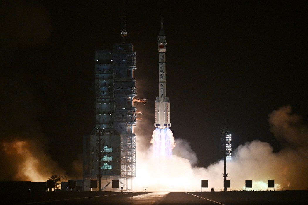 A Long March-2F carrier rocket, carrying the Shenzhou-18 spacecraft and a crew of three astronauts, lifts off from the Jiuquan Satellite Launch Centre in the Gobi desert in northwest China on April 25, 2024. 