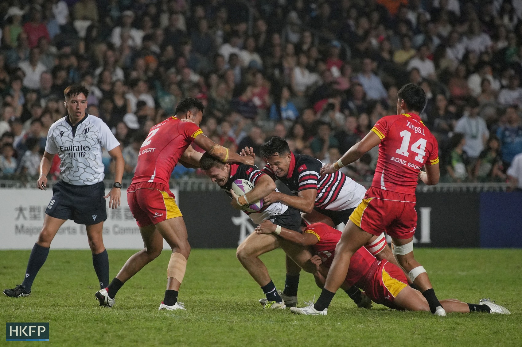 Team Hong Kong face off against China in the men's Melrose Claymores Competition, at the Hong Kong Sevens, on April 5, 2024. Photo: Kyle Lam/HKFP.
