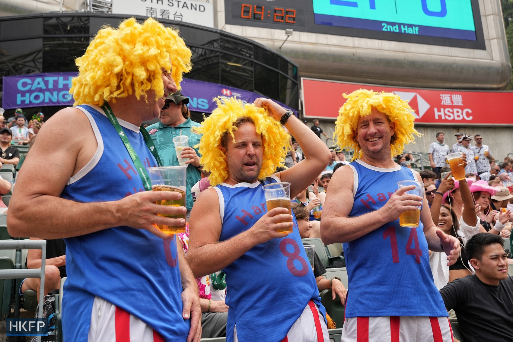 Rugby fans in fancy dress at the Hong Kong Sevens, on April 5, 2024. Photo: Kyle Lam/HKFP. 